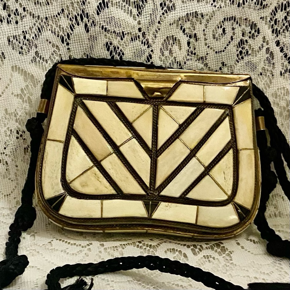 Vintage, Brass Metal Purse-Crossbody with White Agate Tiles 7.5in x 5.5in x 2in